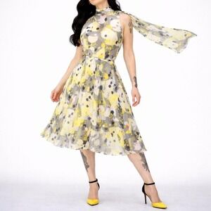 Y2k Silk Scarf Neck Top & Skirt Set Womens 4 S Blouson Sleeveless Yellow Gray